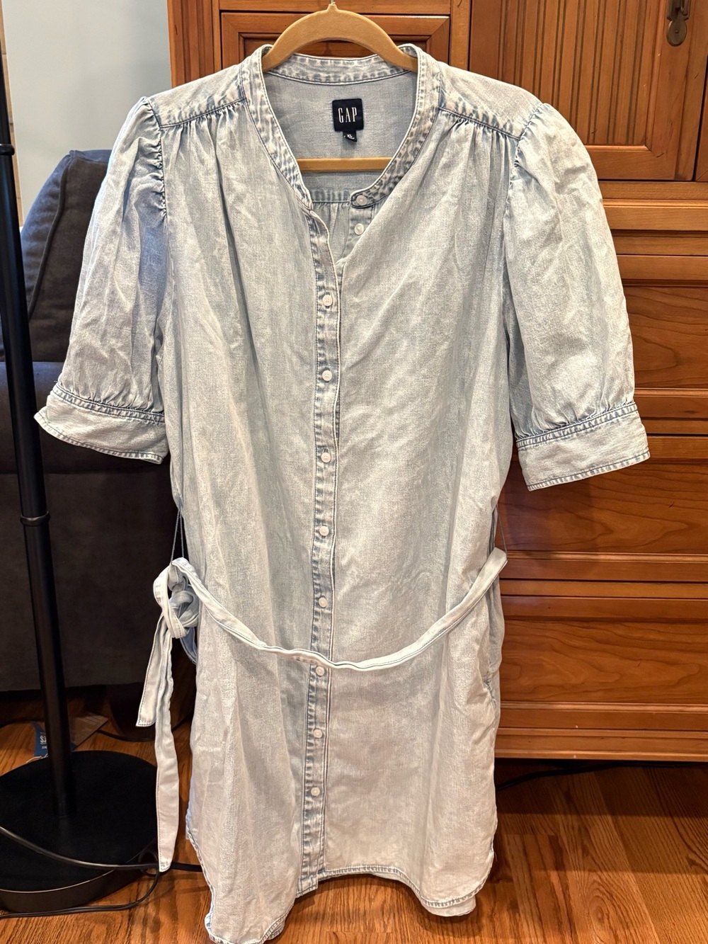 GAP Denim Chambray belt Shirt Dress Women’s XL Light Wash Puff Sleeve Midi EUC